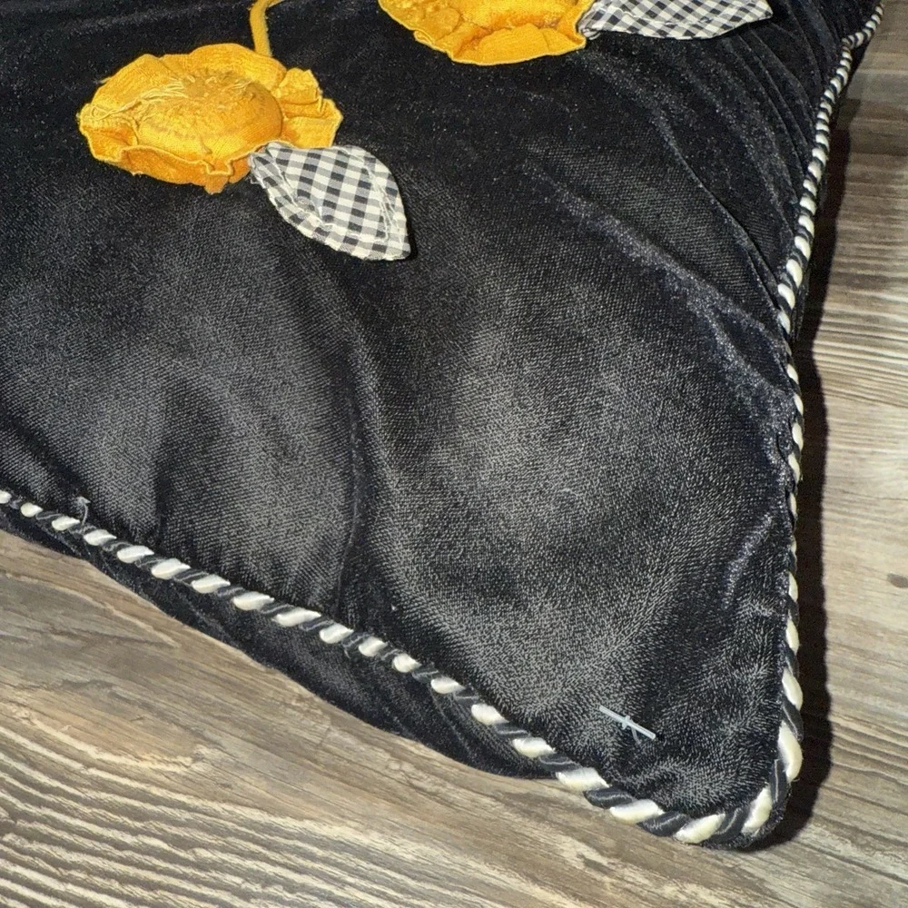 Mackenzie Childs Gardenia Square  Black Velvet Pillow, Raised Appliqué, 17 x 17